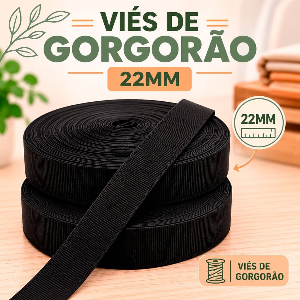 Viés Gorgurão Preto, Gorgurão Viés com 100 metros, 22 milimetros