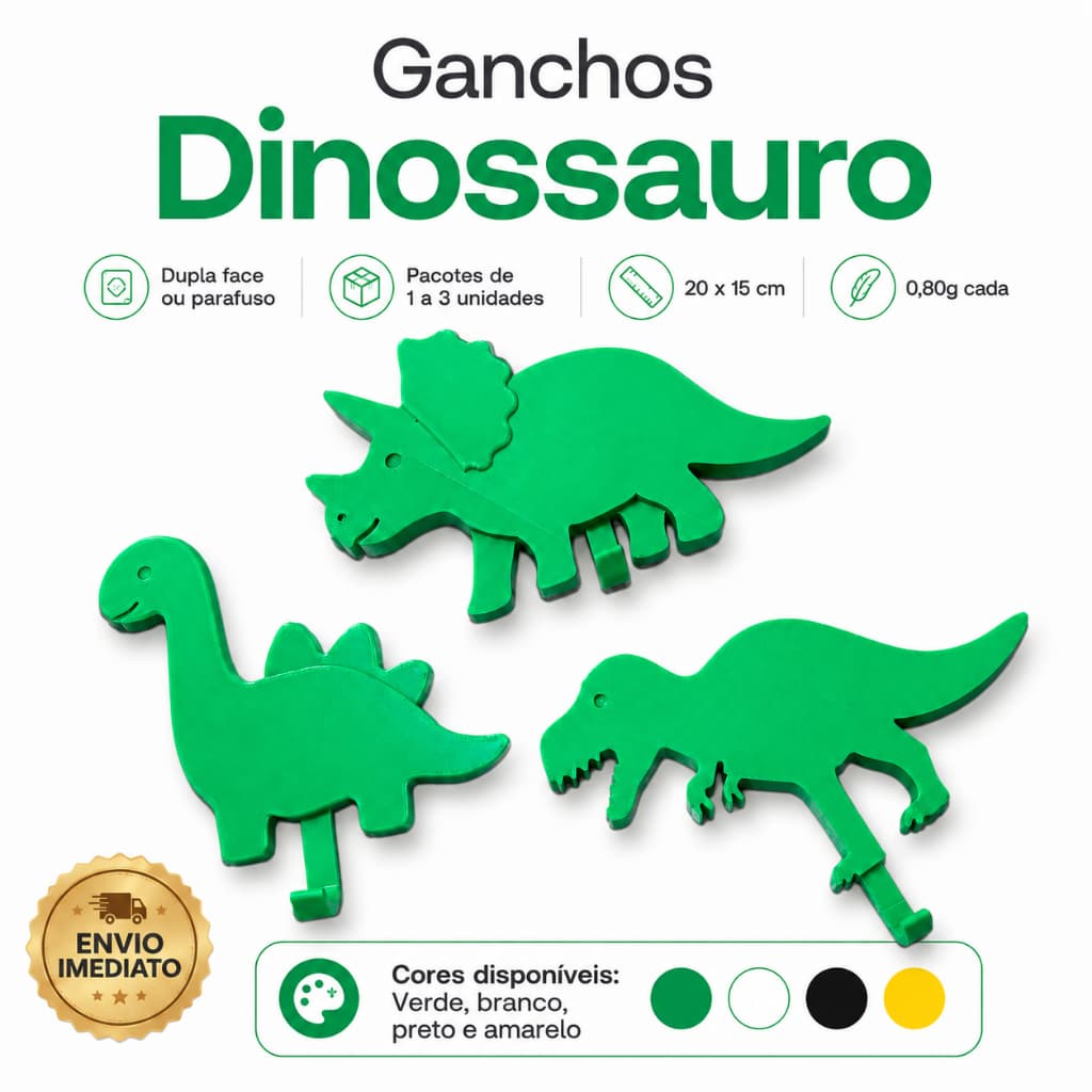 Gancho De Parede Dinossauro Infantil Suporte Para Mochila Roupa 20x15cm Envio Imediato
