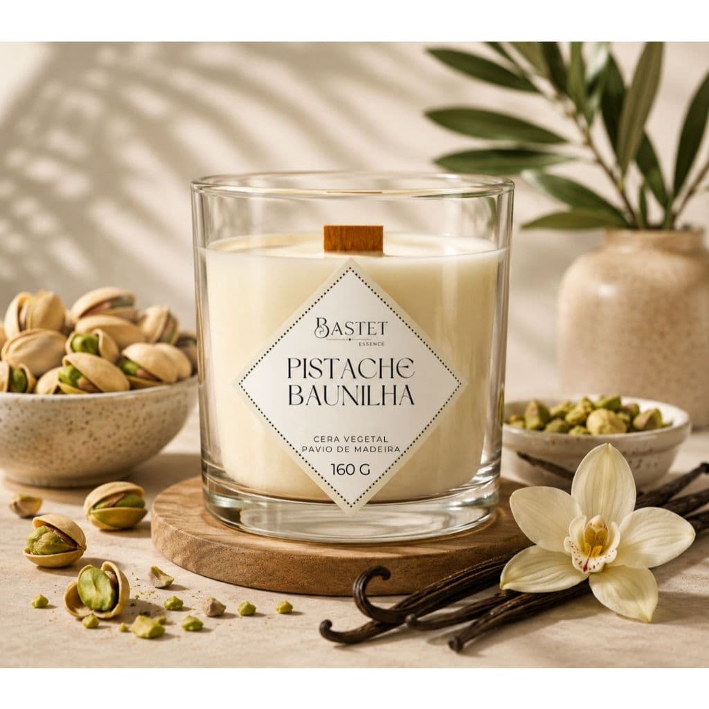 Vela Aromática Pistache Baunilha | Perfumada | Pavio de Madeira | 160 gramas | Cera de Coco | Vegetal