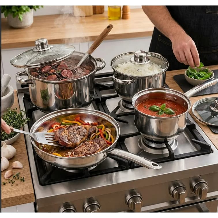 Jogo Panelas Inox 7 Pecas Tampa Vidro Alta Durabilidade Cozinha Completa