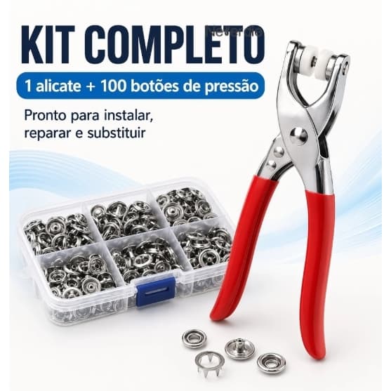Kit Alicate Aplicador Com 100 Botões De Metal Pressão Para Costura Roupa