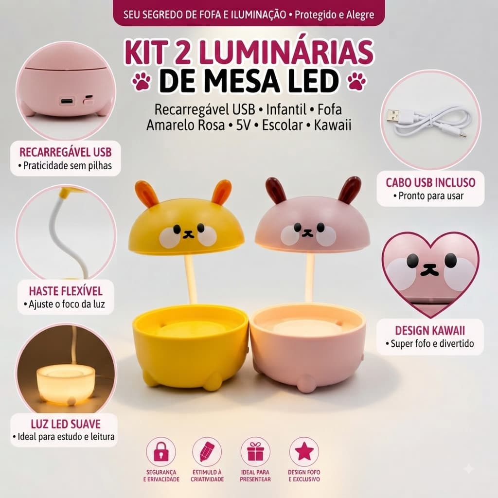 Kit 2 Luminárias Mesa LED Recarregável USB Infantil Fofa Amarelo Rosa 5V Escolar Kawaii