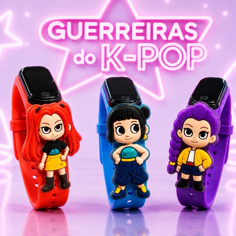 Relógio Infantil LED Digital Guerreiras K-Pop Pulseira Regulável Colorida Menina Presente