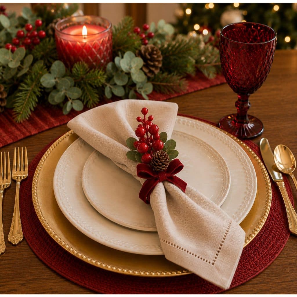 Anel de Guardanapo Natalino Vermelho com Frutas Vermelhas, Pinhas e Folhagens – Decoração Mesa Posta de Natal