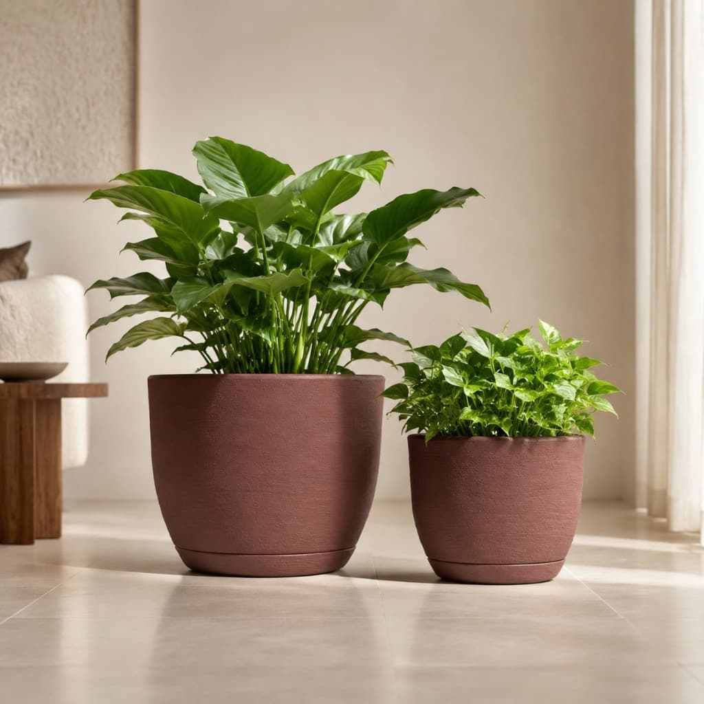 Kit Vasos Para Plantas decoração Sala Casa Bojo Redondo com Prato - Acabamento Grafiato Riscato Luxo