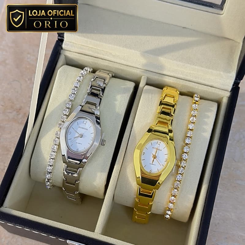 Kit Relogio Potenzia + Pulseira Strass (À prova d’água) Minimalista Clássico Alta qualidade Presente