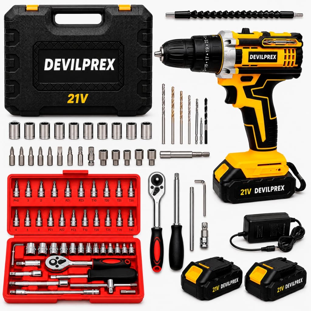 Kit Furadeira Parafusadeira 2 Baterias Profissional 21V Bivolt Acessórios E Maleta Soquete