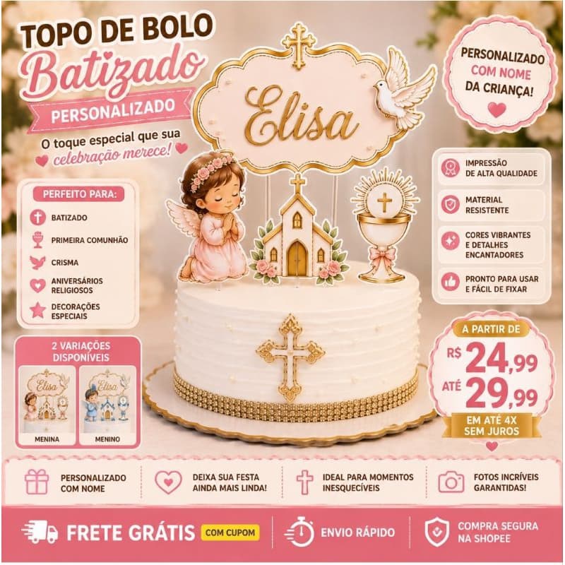 Topo de Bolo Batizado Personalizado Menino e Menina | Nome da Criança ou Meu Batizado | Decoração Batismo