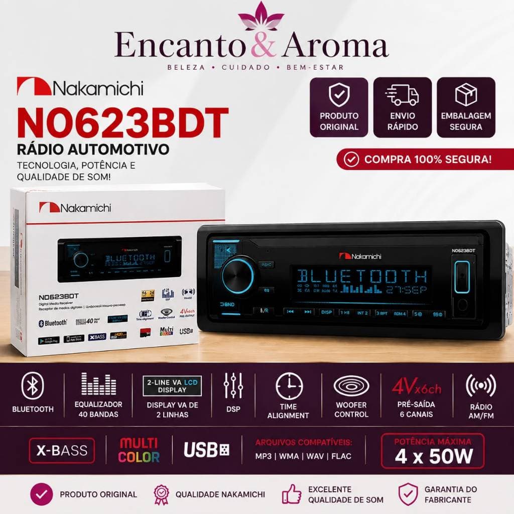 Rádio Automotivo Nakamichi NQ623BDT Bluetooth USB DSP Equalizador 40 Bandas 4V x 6CH Pré-Saída AM/FM