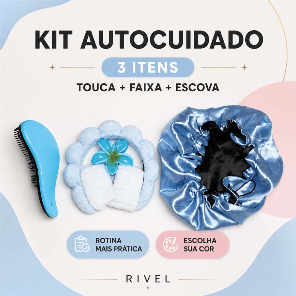 Kit Autocuidado 3 Itens Touca Cetim Faixa Skincare Escova