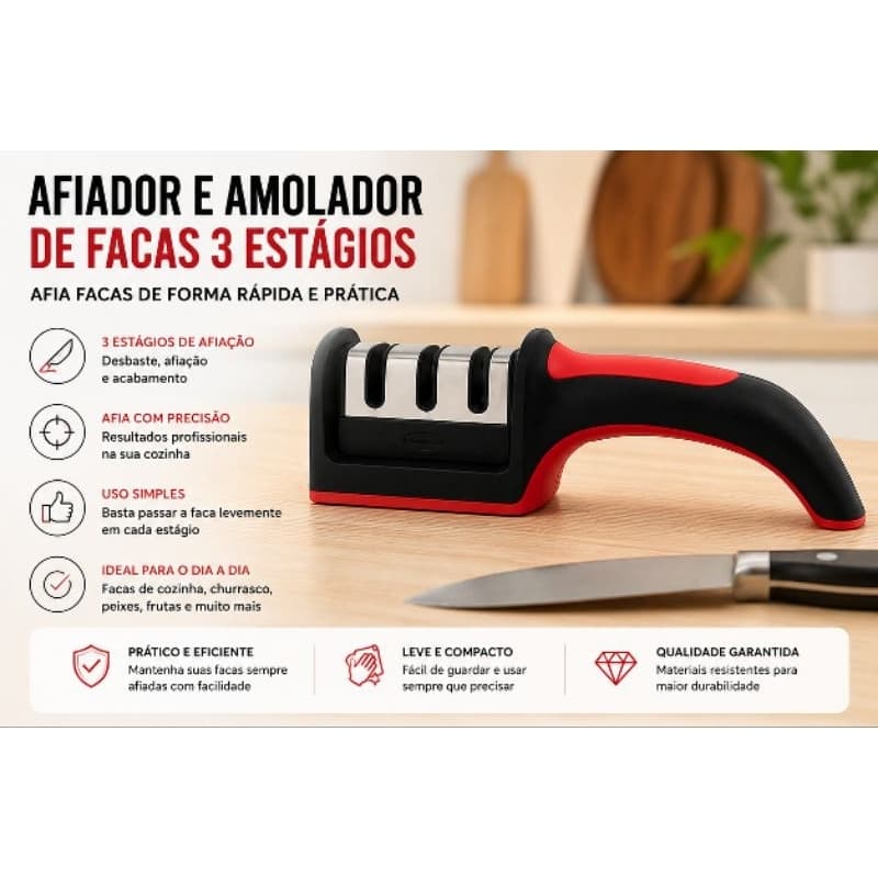 Afiador e Amolador de Facas 3 Estágios Profissional – Afiador Manual de Facas