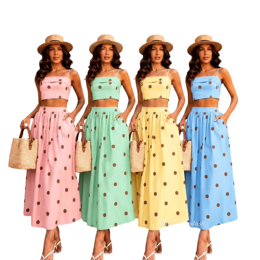 Conjunto Feminino Saia e Cropped Alça Poa Sensorial Tendência Moda Feminina