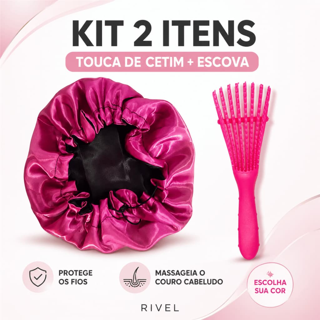 Kit Autocuidado Touca Cetim Dupla Mais Escova Massageadora