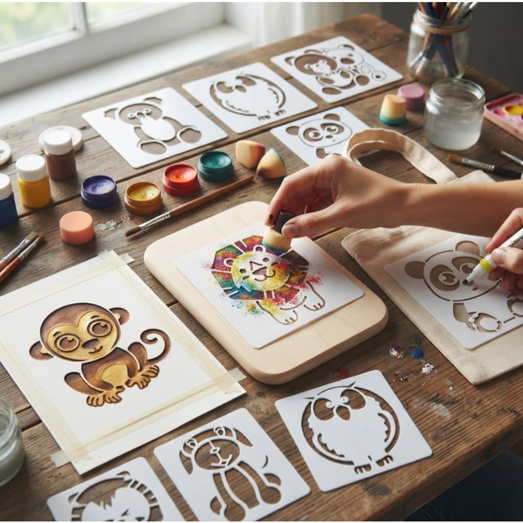 Kit 9 Estêncil Animais Para Pintura Moldes Artísticos Artesanato Pintura Criativa Decoração 5x5cm Reutilizáveis Stencil
