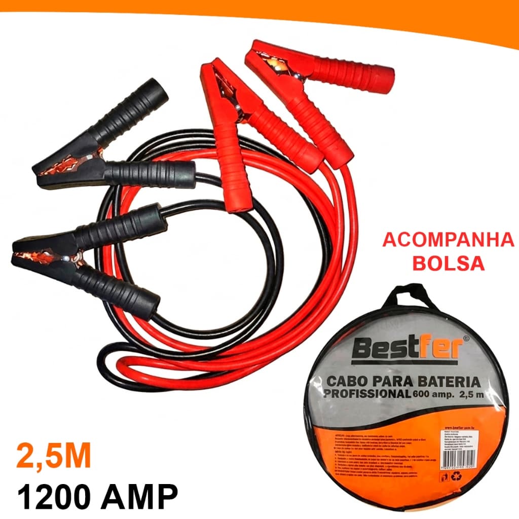 Cabo Chupeta Carregador 2,5M Bateria 1200amp Carro Caminhao Moto Bestfer