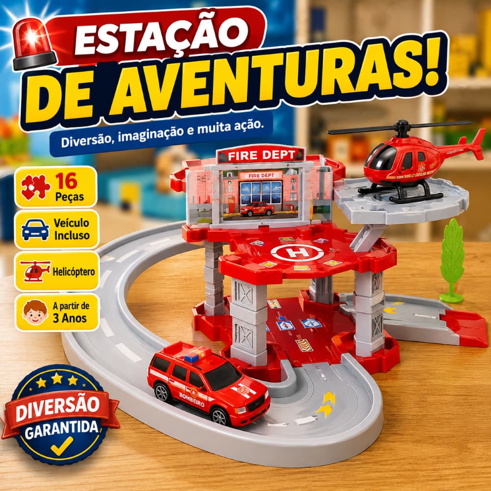Pista Estação Bombeiro Polícia Infantil 16 Peças com Carrinho e Helicóptero Brinquedo Educativo 3+ Anos