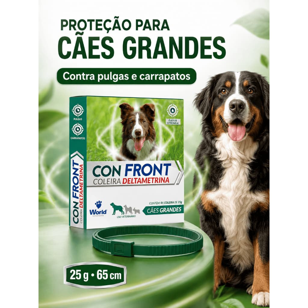 Coleira Antipulgas ConFront 25 g Cães Grandes Deltametrina Pulgas Carrapatos Citronela World Kit 1 2 3 Unidades Original
