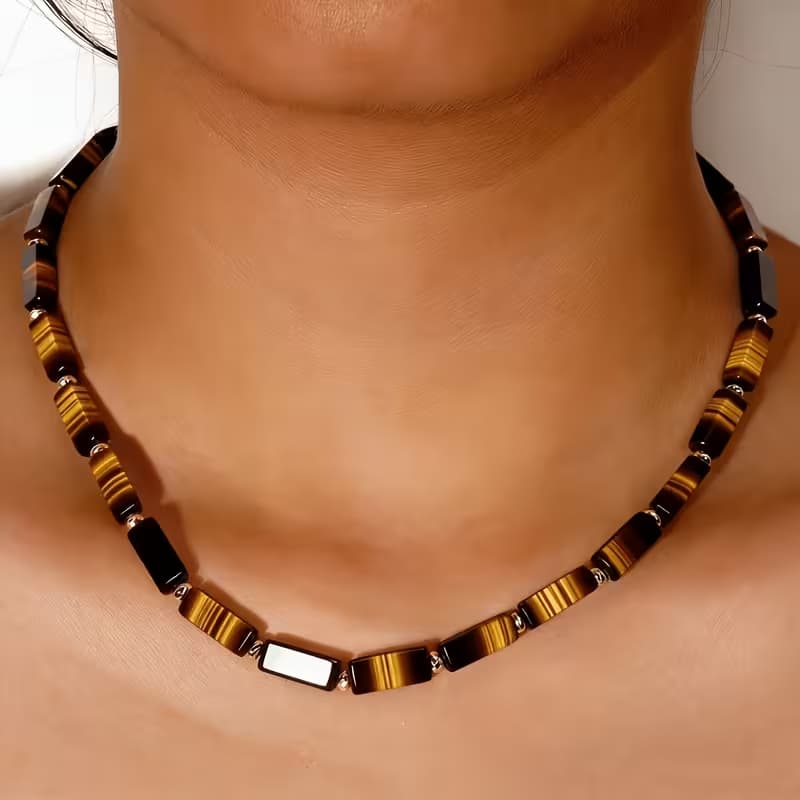 COLAR DE OLHO DE TIGRE COM CONTAS QUADRADADAS 200T-60