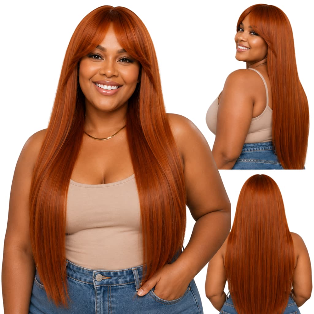 Peruca Lisa c/ Franja Ruiva Cabelo Orgânico 60cm