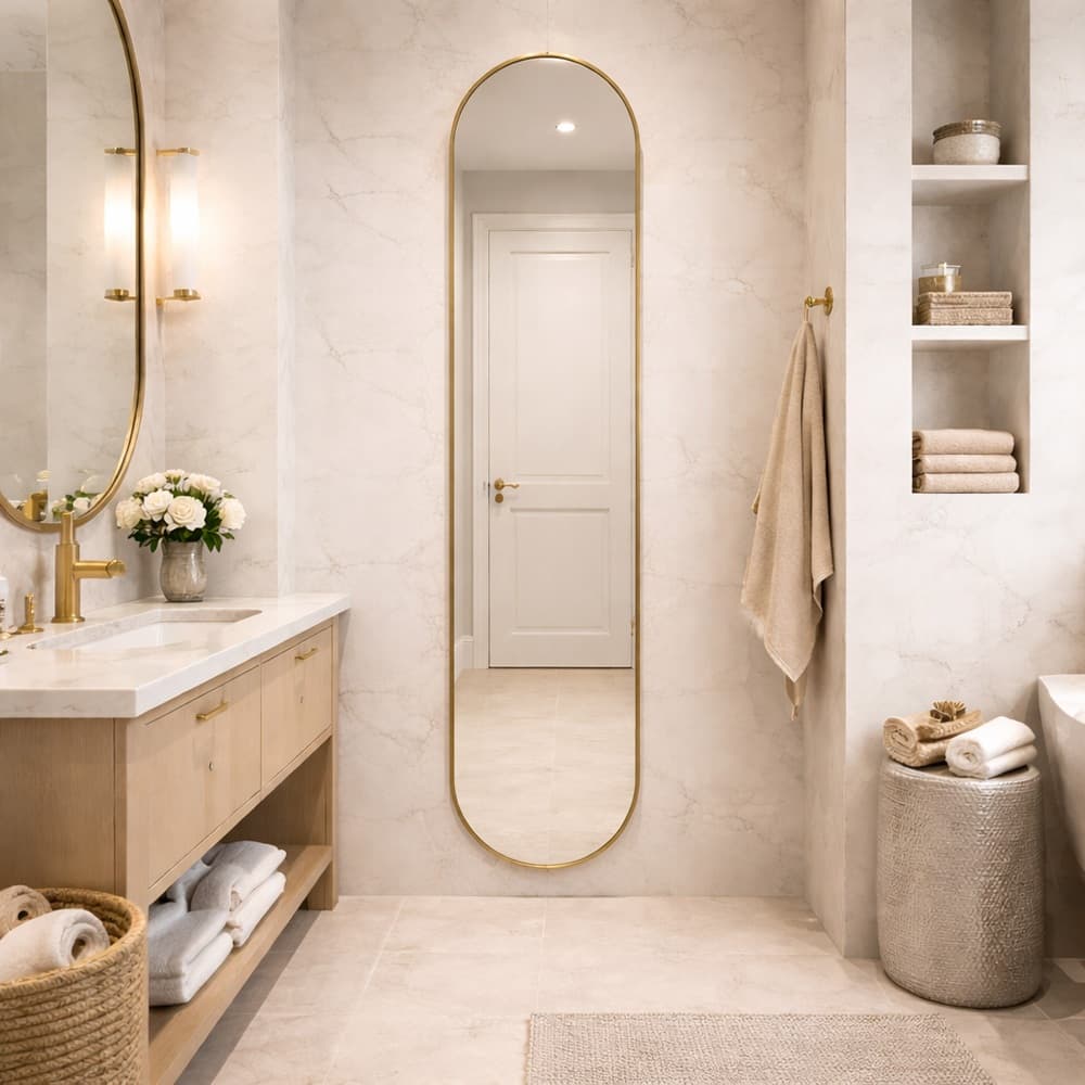 Espelho Grande Corpo Inteiro Oval Luxo Capsula 160x38cm Moldura Em Couro Minimalista