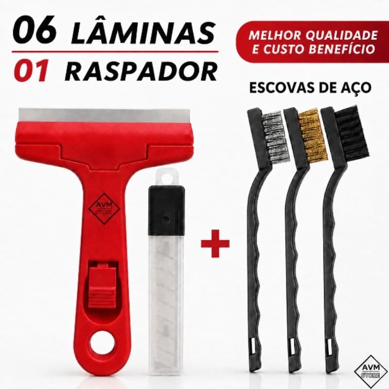 Kit Raspador Multiuso + 3 Escovas de Aço, Nylon e Latão + 6 Lâminas Profissional / Limpeza Pesada