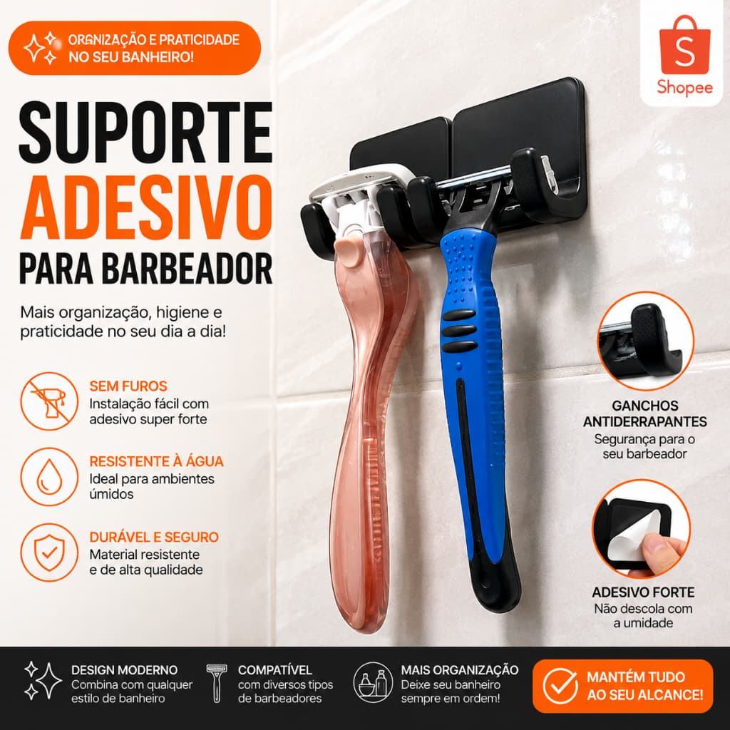 Dois Suporte Adesivo para Barbeador – Porta Lâmina de Barbear Sem Furos para Banheiro
