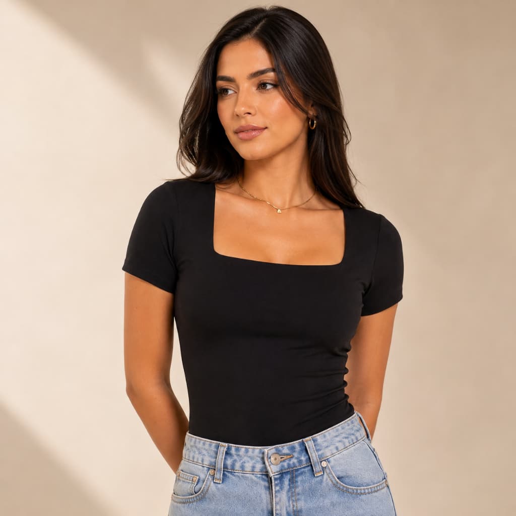 Blusa Feminina Suplex Premium Manga Curta Decote Quadrado Justa Básica Segunda Pele
