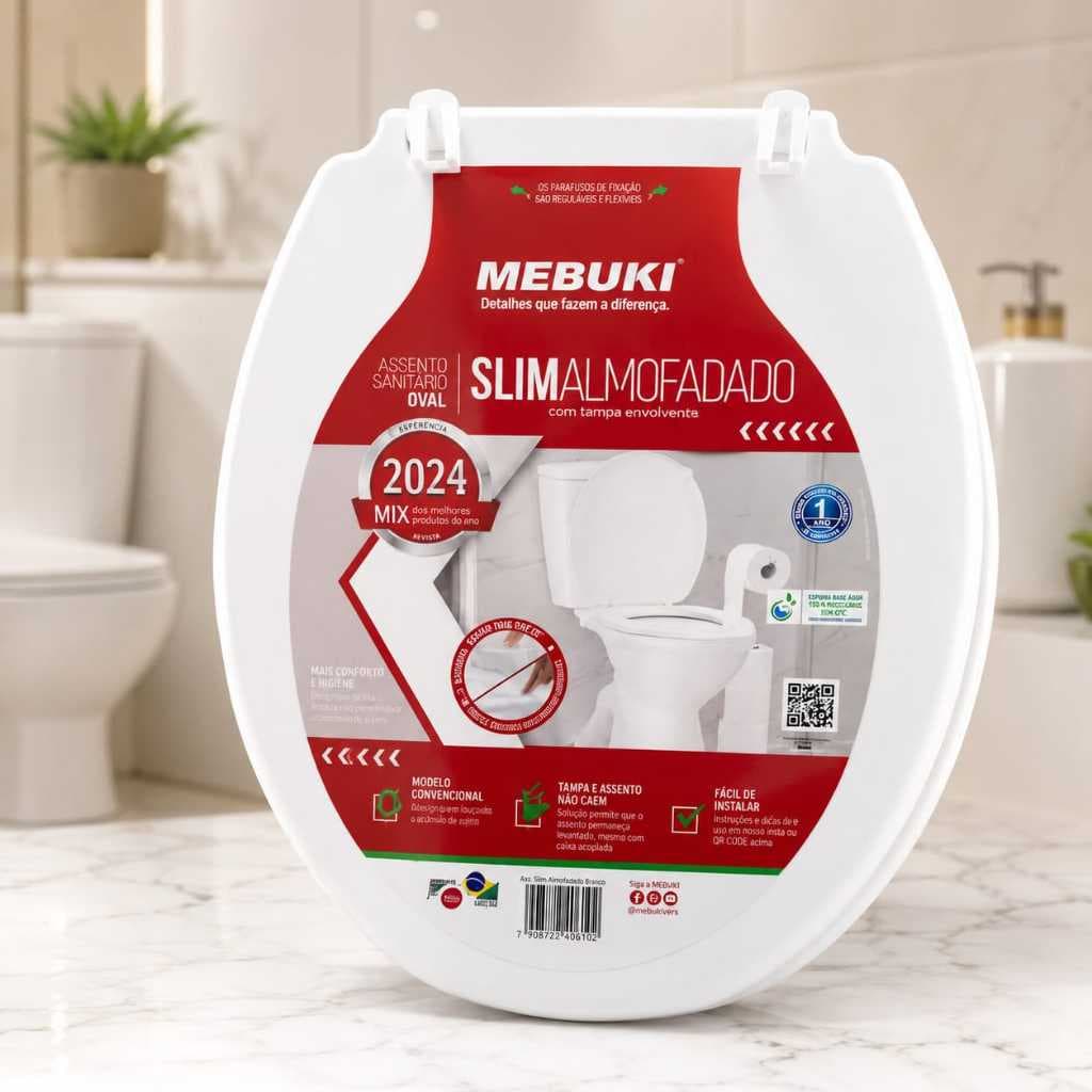 Assento Sanitário Almofadado Oval Mebuki Slim para Vaso Sanitário com Tampa Envolvente