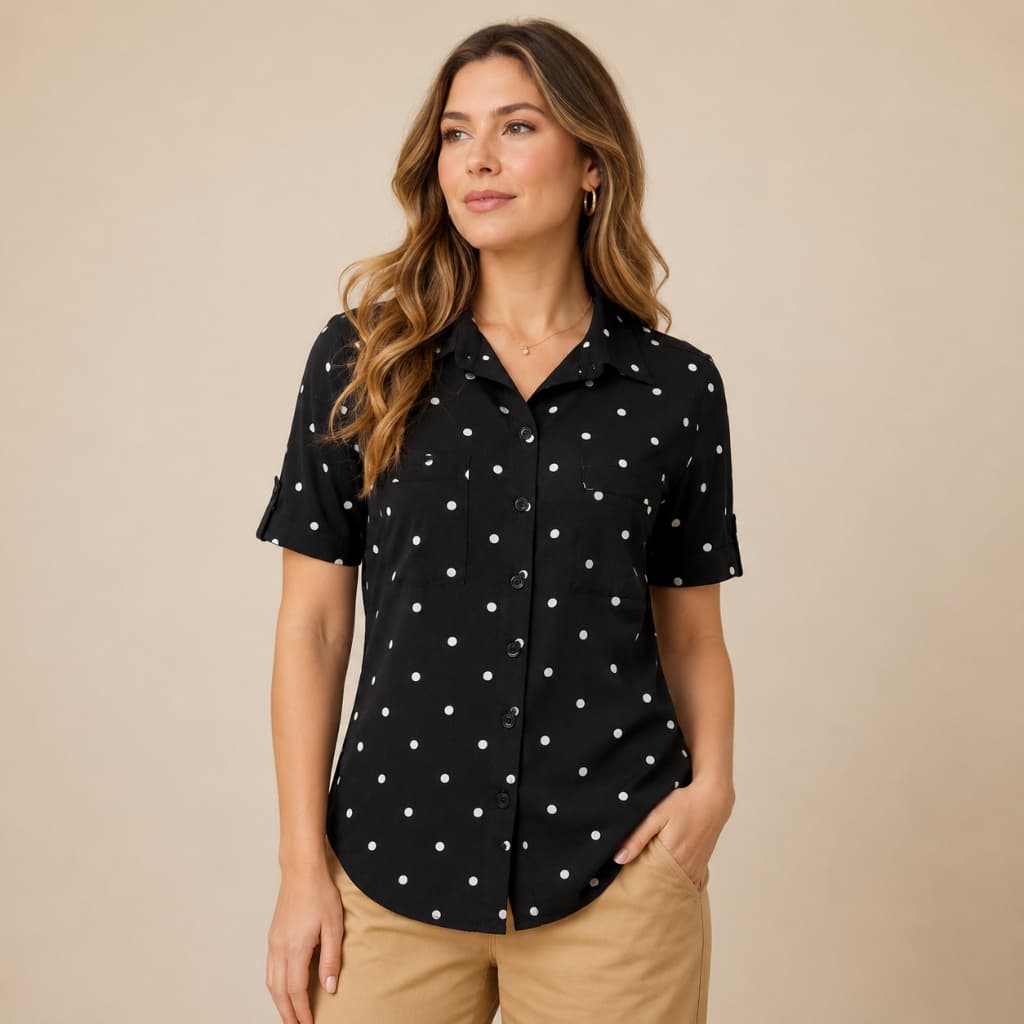 Camisa manga curta feminina em tecido Poá elegante e versátil para qualquer ocasião tendencia primavera verão