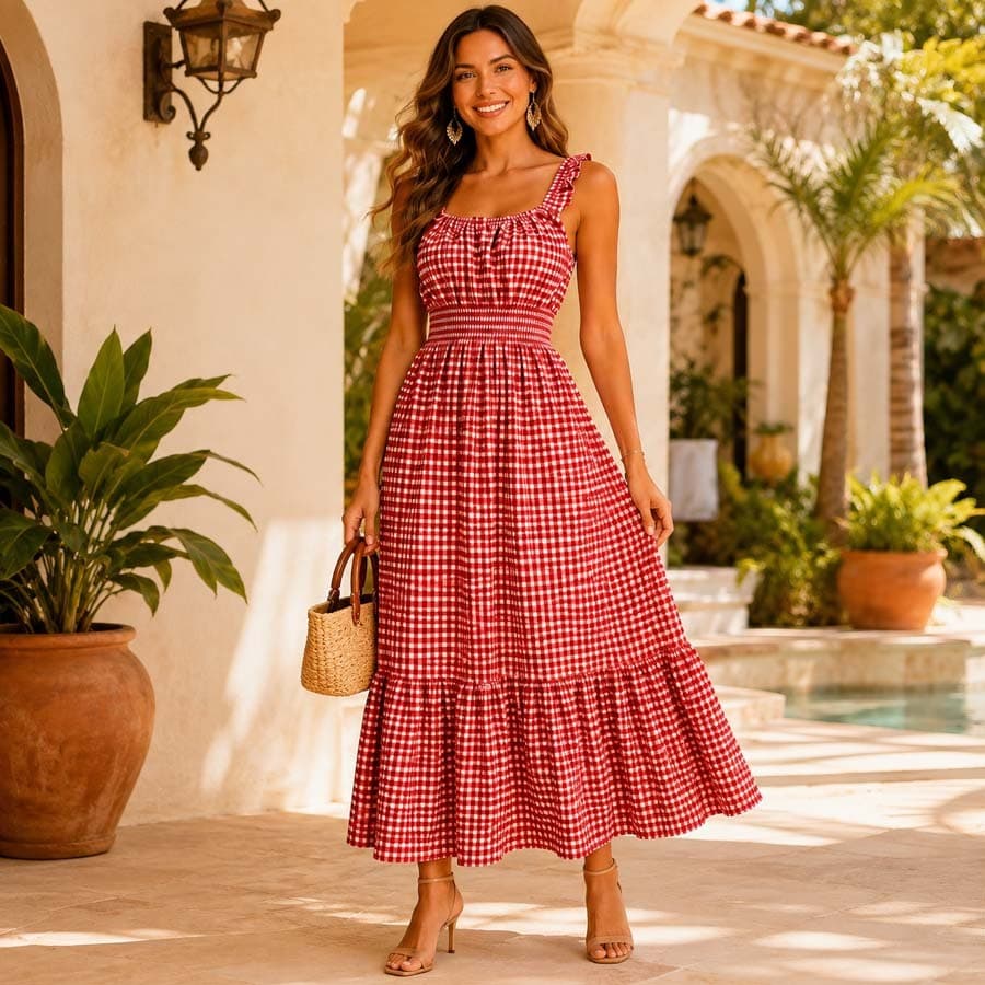 Novo Vestido Midi Xadrez Feminino com Cintura Franzida e Barra em Camadas – Casual, Estilo Praia e Férias