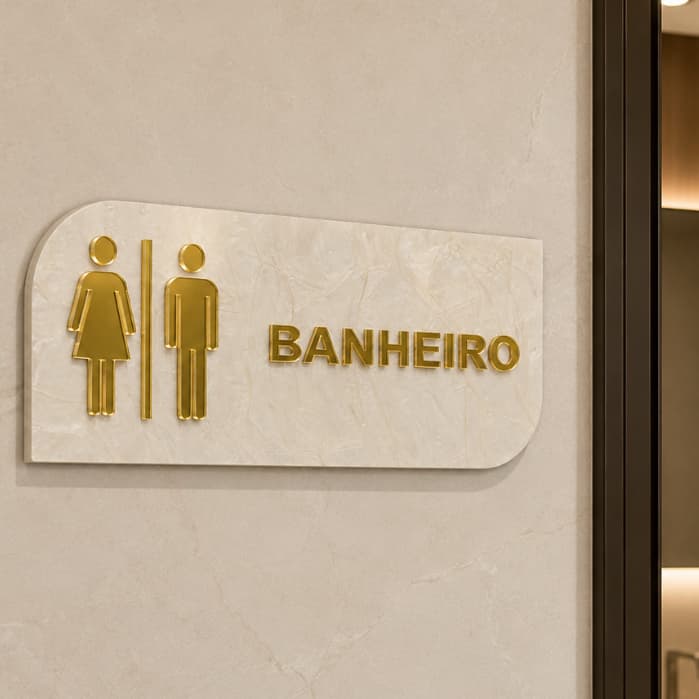 Placa Identificação De Banheiro WC Masculino Feminino Em Acrílico Marmorizado Espelhado Luxo