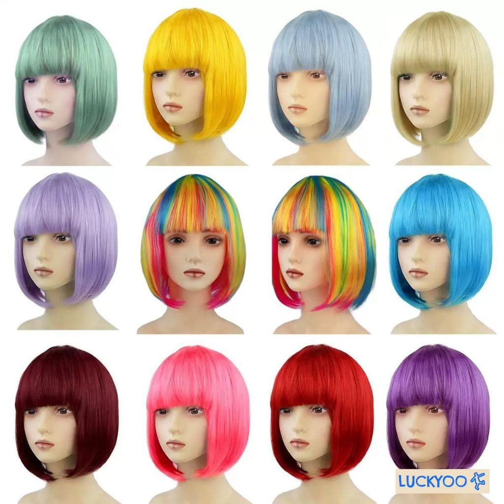 Peruca Curta c/ Franja 30cm Estilo Channel 120g Colorida para Festa Fantasia e Cosplay Cabelo Sintético