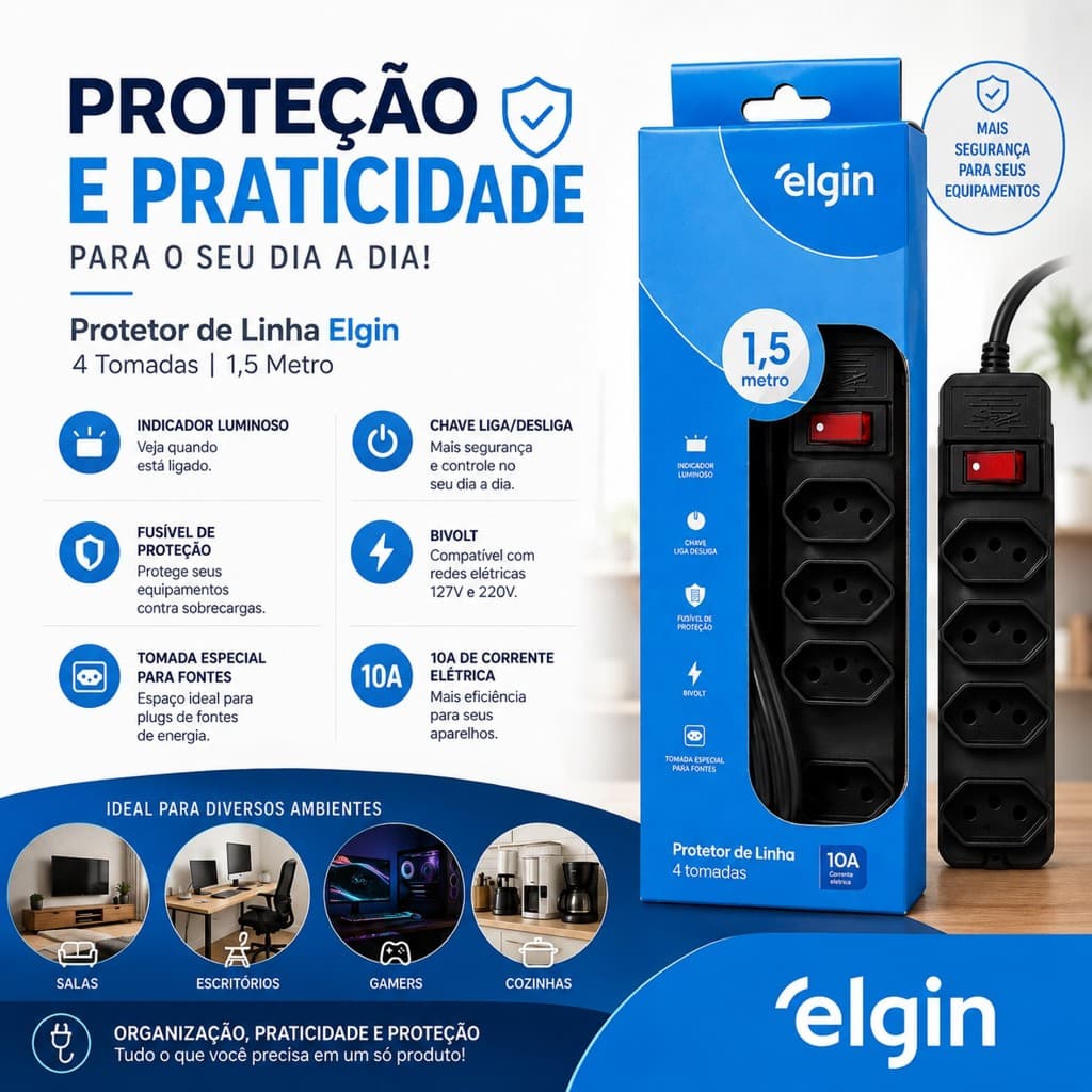 Extensão Elétrica 1,5 Metro com 4 Tomadas Bivolt 110v 220v