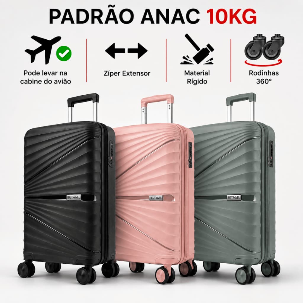 Mala Viagem 10kg Cabine com Extensor Avião Bordo Anac Cadeado Giratória