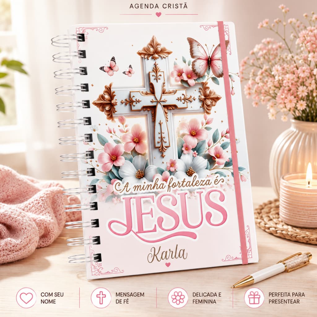 Agenda 2027 Católica Personalizada com Nome Permanente Feminina Borboleta Floral Capa Dura com versículo biblico