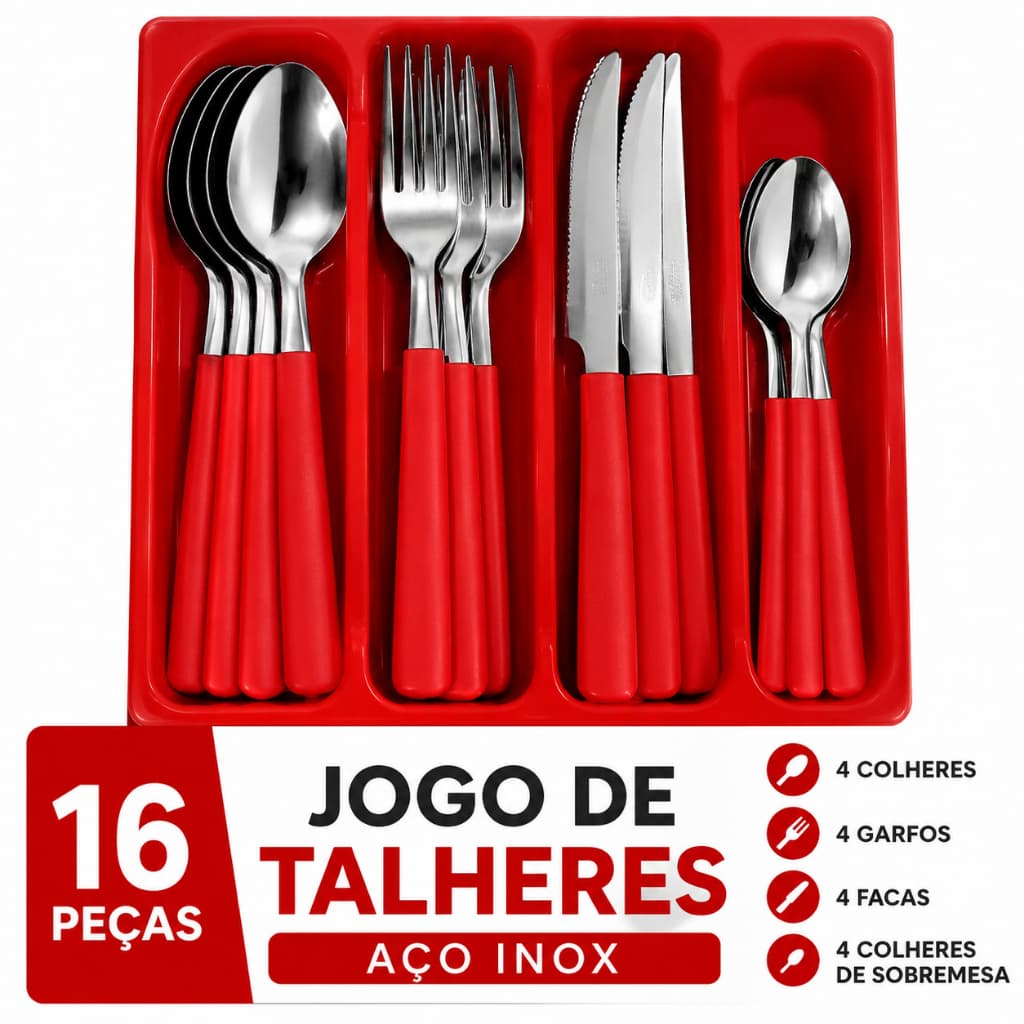 Jogo de Talheres 16 Peças Aço Inox Vermelho com Organizador 4 Colheres 4 Garfos 4 Facas 4 Sobremesa
