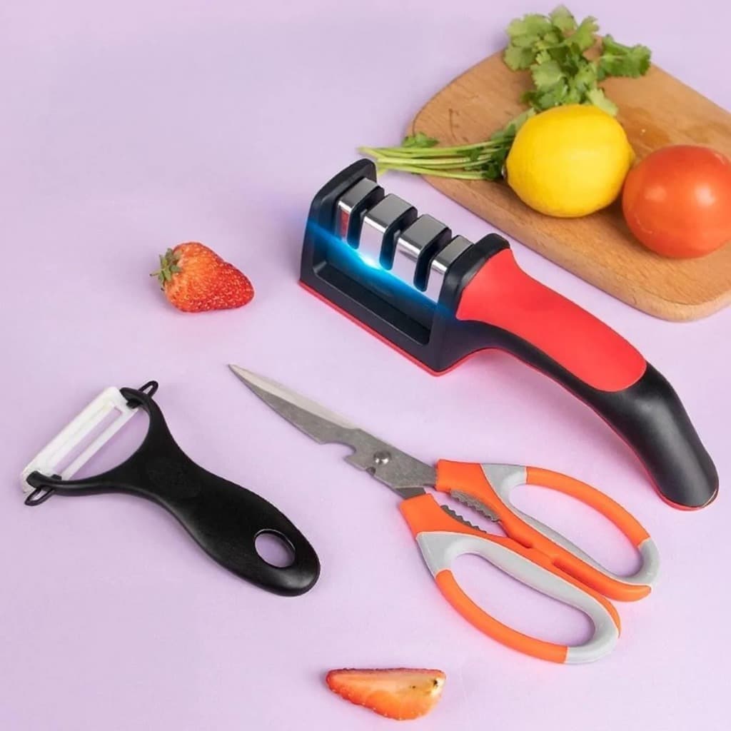 Kit Utensílios de Cozinha 3 Peças Afiador de Faca, Descascador e Tesoura