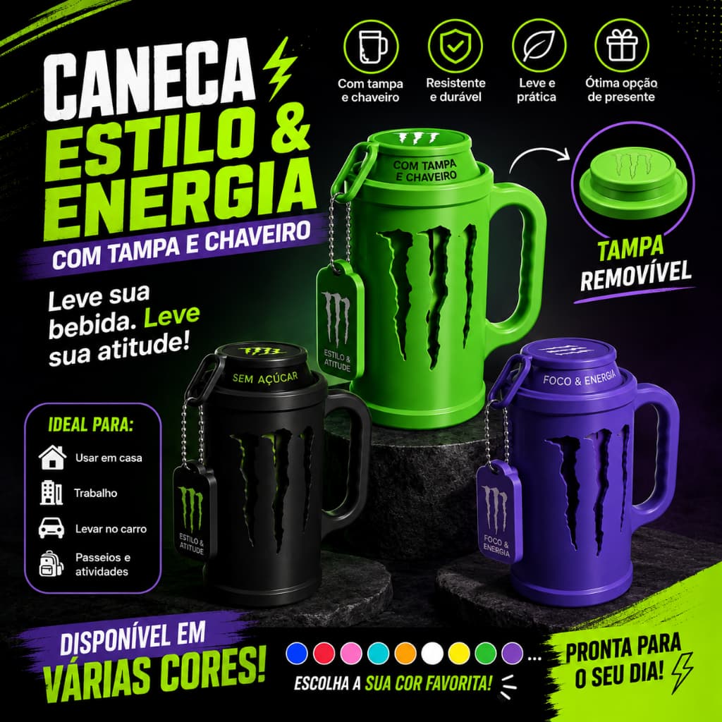 Kit caneca monster energetico e abridor de lata