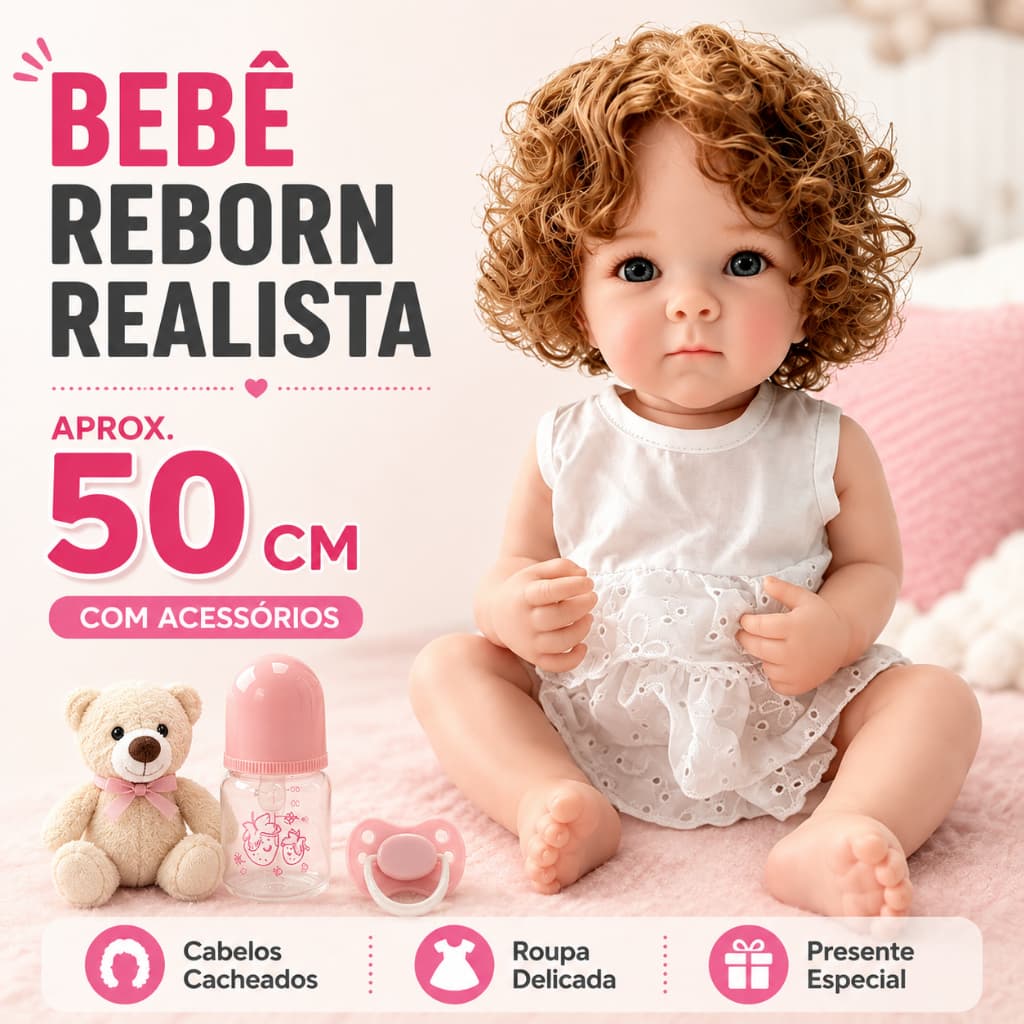 Boneca Bebê Reborn Realista 50cm Menina com Cabelos Cacheados Vestido Branco e Acessórios