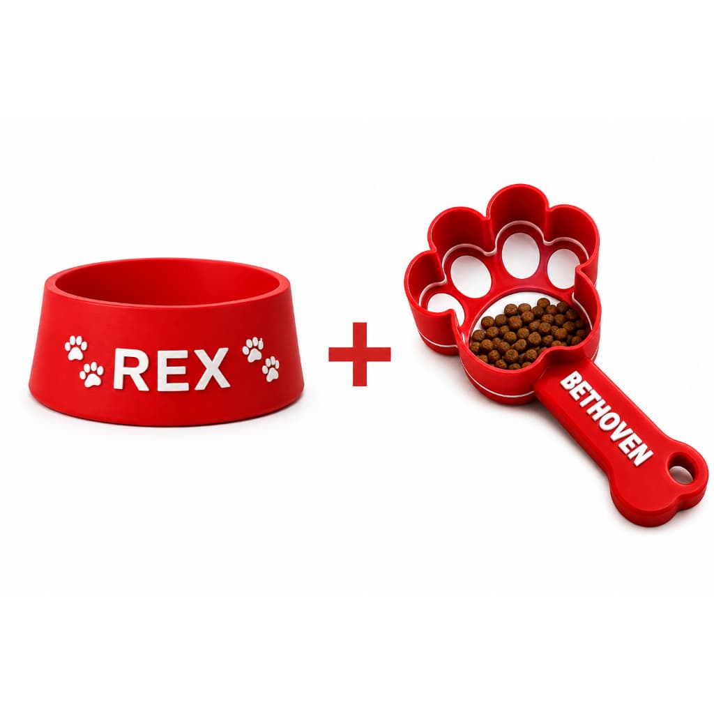 Kit Comedouro + Colher Dosadora Personalizados com Nome para Cachorros e Gatos Pet