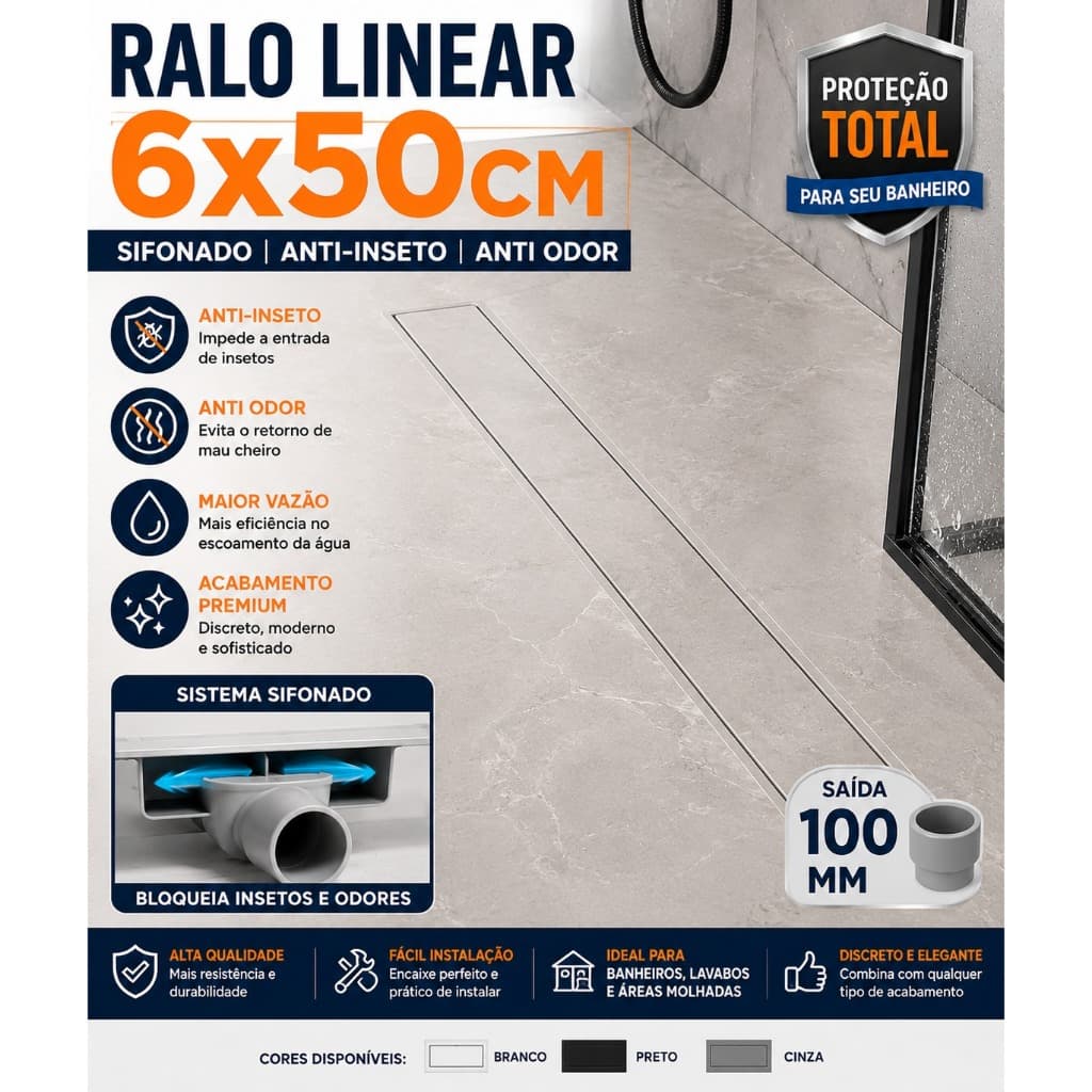 Ralo Linear invisível 6x50cm Sifonado Anti Inseto Anti Odor Banheiro 100mm