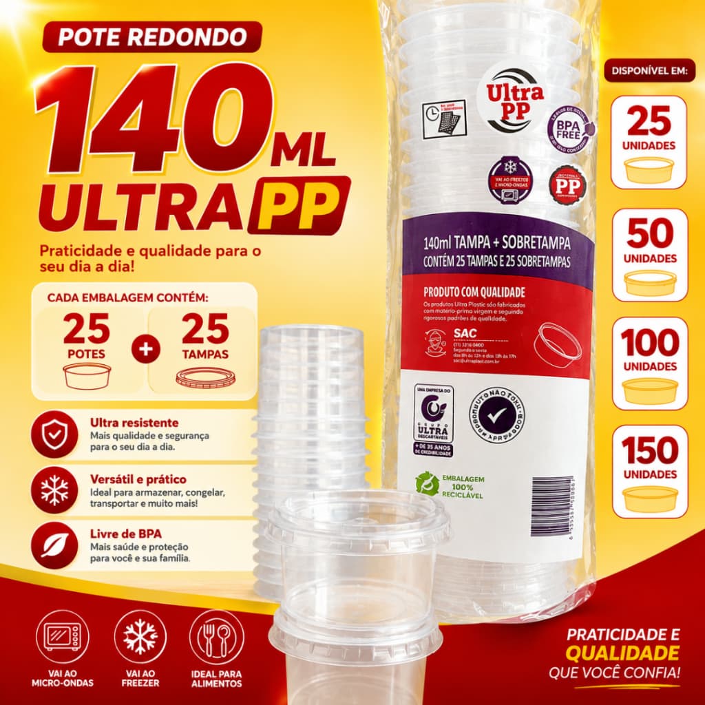 Pote Redondo 140ml com Tampa Descartável para Doces Sobremesas Delivery