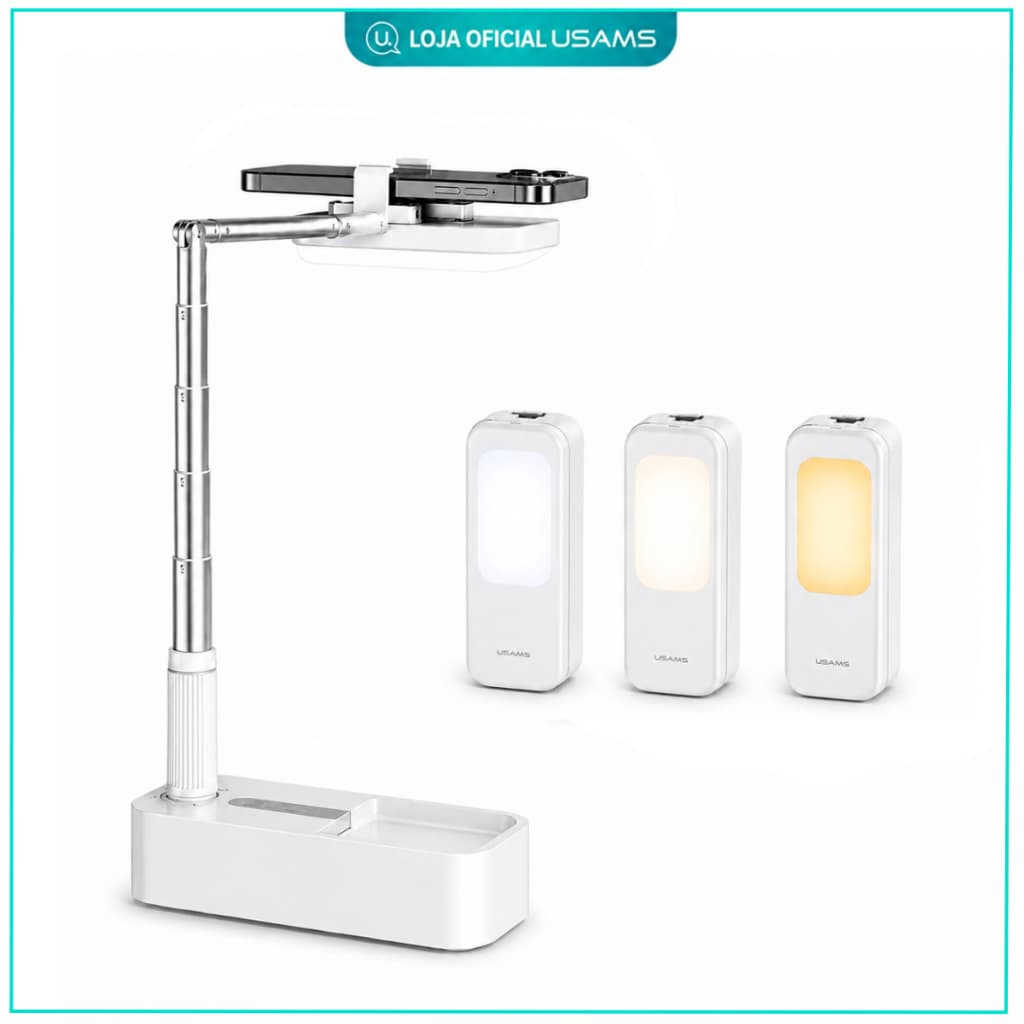 Suporte para Celular com Luminária LED de Mesa Articulável Luz Ajustável USB e Controle para Criação de Conteúdo