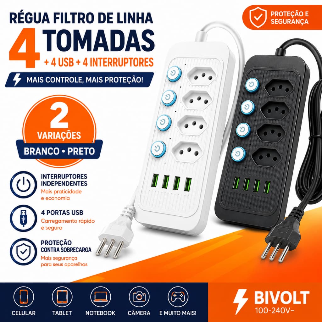 Extensão Elétrica Cabo 4 USB e 4 Tomadas com Botões  Individuais Cabo 2  Metros Extensão Bivolt  Pro