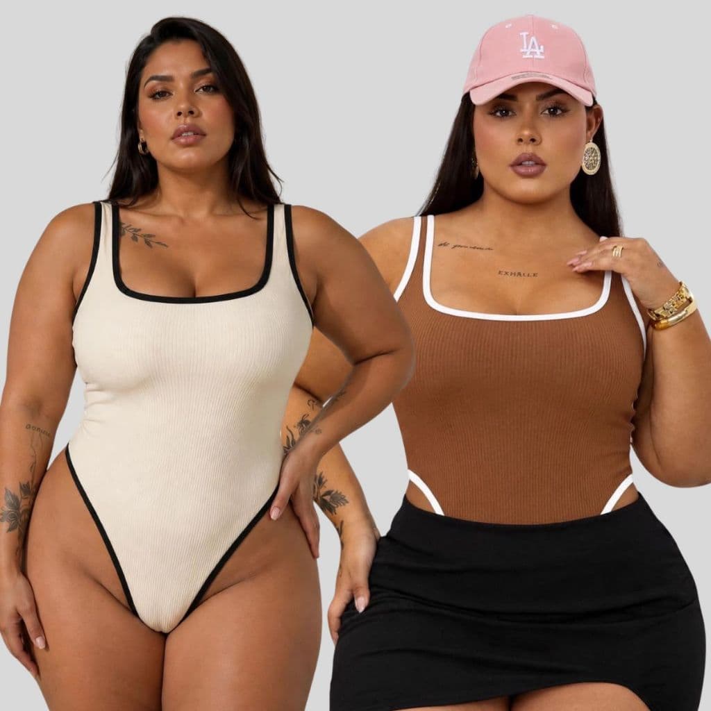 Kit Body Feminino Plus Size Ribana Tok Algodão Decote Quadrado Bicolor Alça Larga Confortável Moda Feminina
