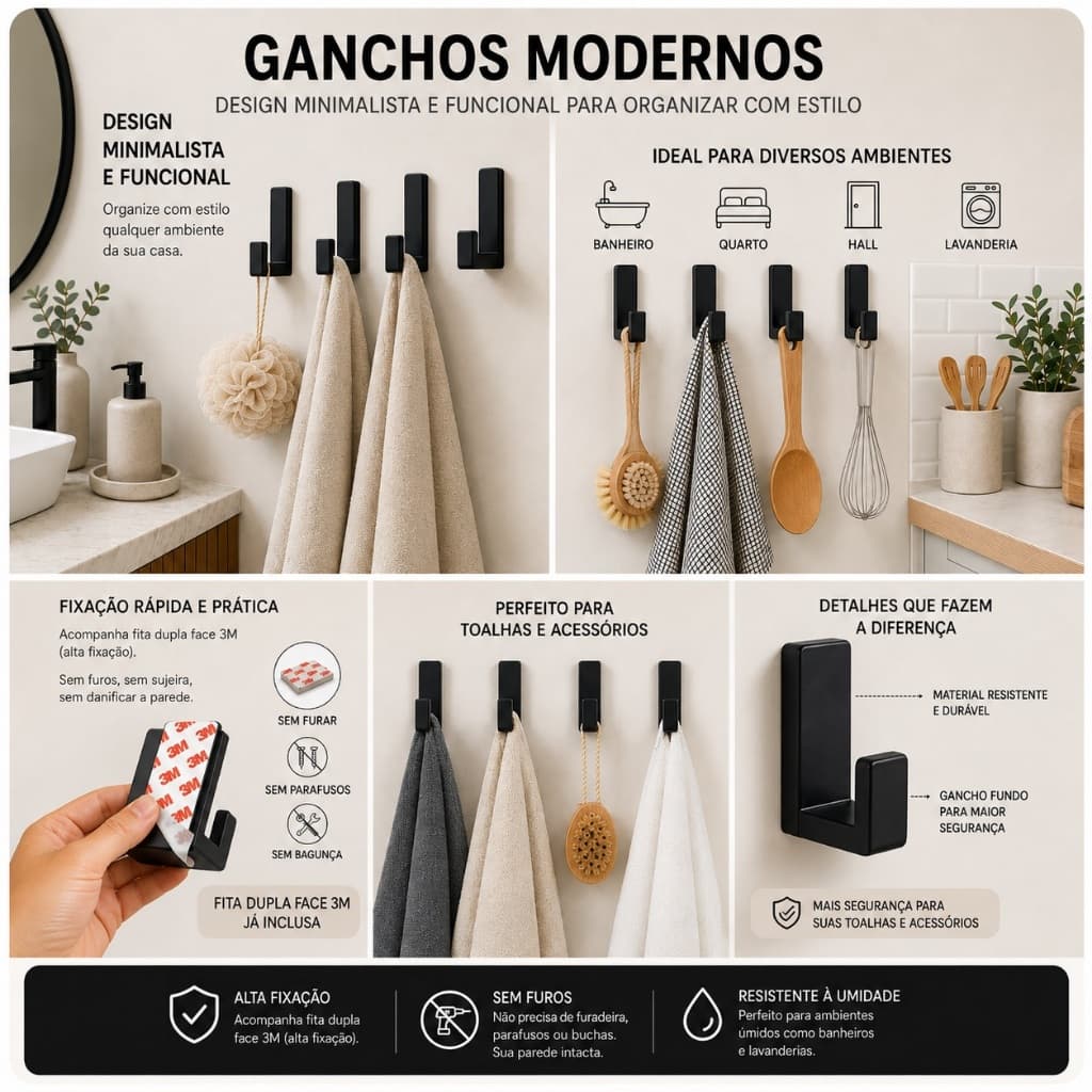 Kit Ganchos Adesivos De Parede com Fita Dupla Face 3M Suporte Multiuso Cabide Toalha Roupas Autocolante Sem Furo Preto