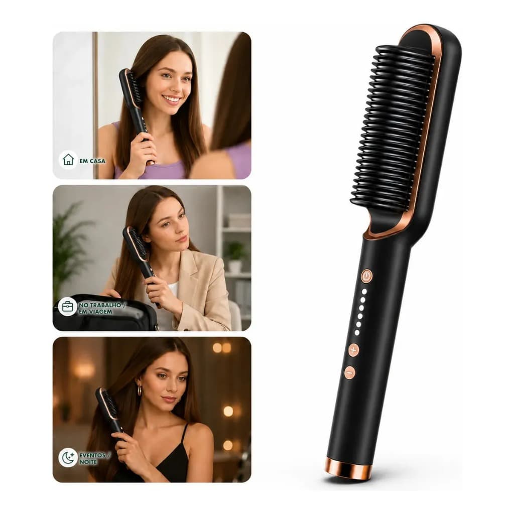 Escova Pente Alisadora Profissional Preta – Escova Elétrica para Alisar, Modelar e Reduzir o Frizz