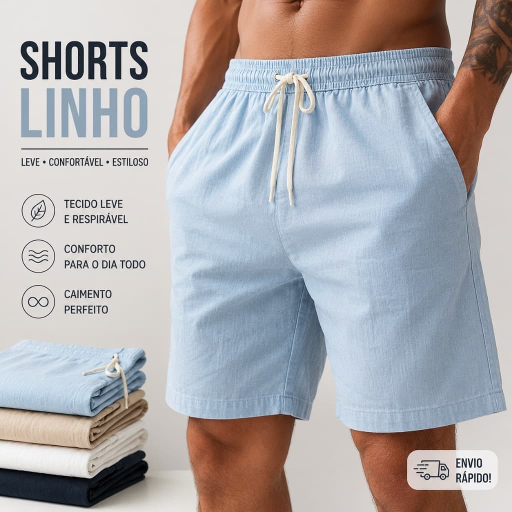 Short De Linho Masculino Básico Estiloso Cordão Bolsos Praia
