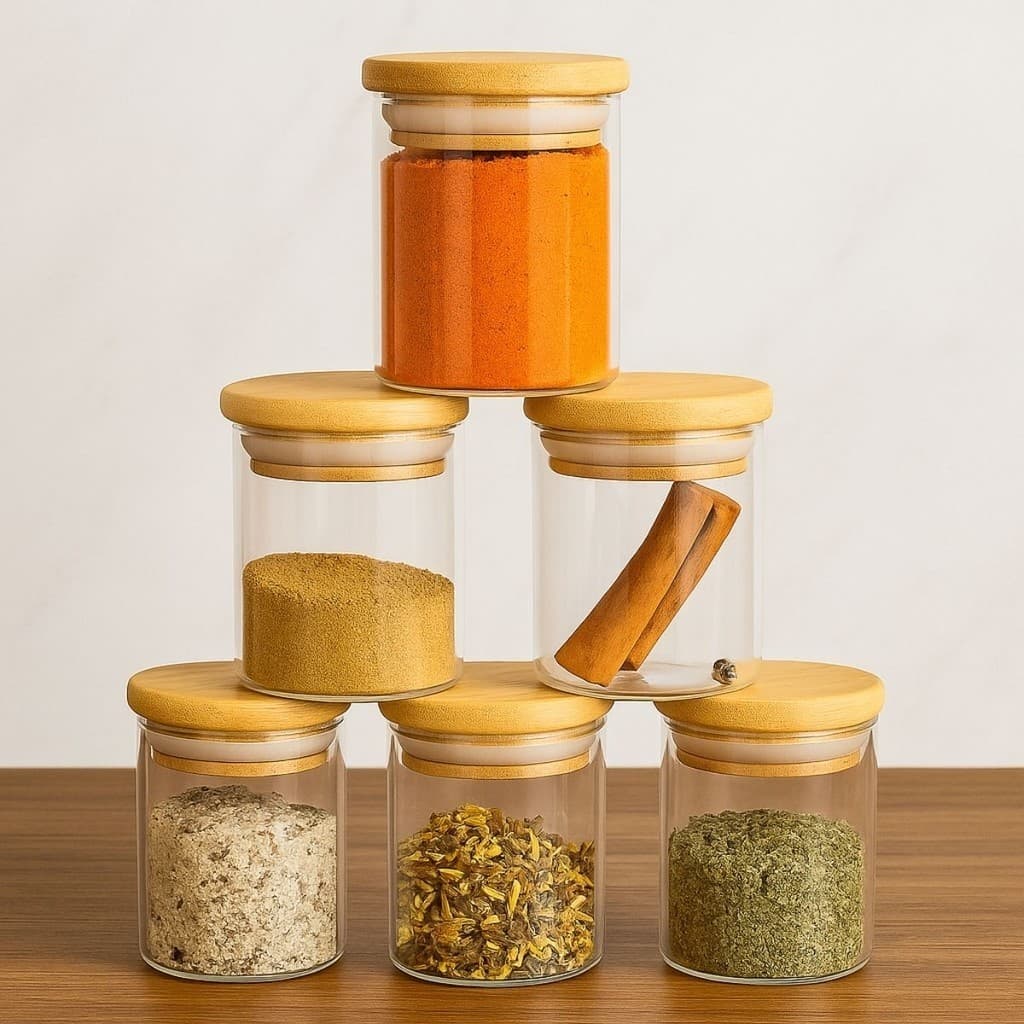 6 potes de vidro com tampa de bambu herméticos para tempero mantimentos