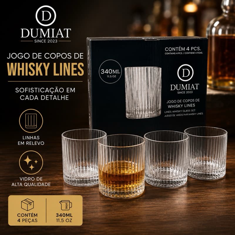 Jogo de Copos para Whisky Lines DUMIAT 340ml – 4 Peças – Copos de Vidro com Textura